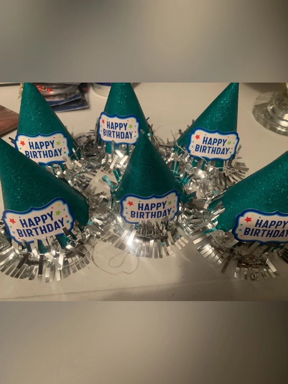 🆕- Teal Glitter Mini Happy Birthday Party Hats - Pack of 6Festive Cone Hats